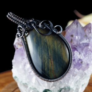 Oxidized Copper Wire Wrapped Blue Tiger's Eye Pendant