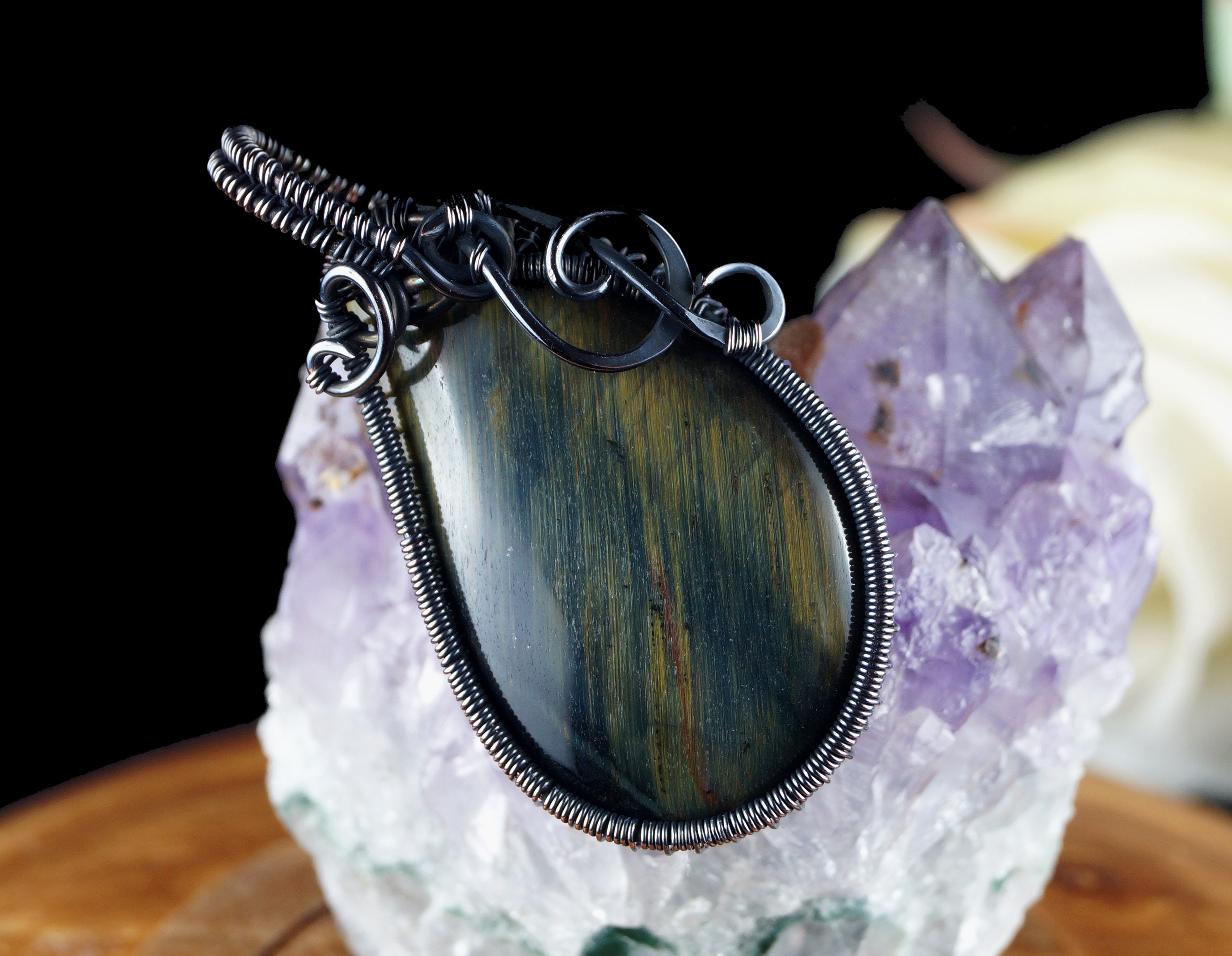 Oxidized Copper Wire Wrapped Blue Tiger's Eye Pendant