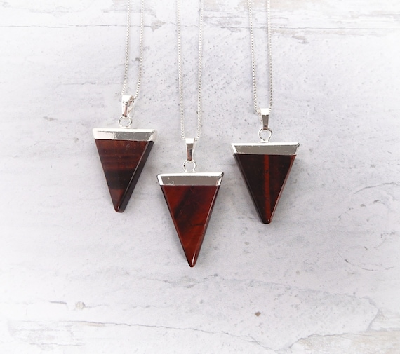 Red Tigers Eye Gemstone Necklace Sterling Silver • Red Tigers Eye Triangle Necklace • Unique Tigers Eye Pendant • Healing Crystal