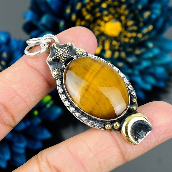 Tiger's Eye Crescent Moon Pendant: Sterling Silver Gemstone Jewelry