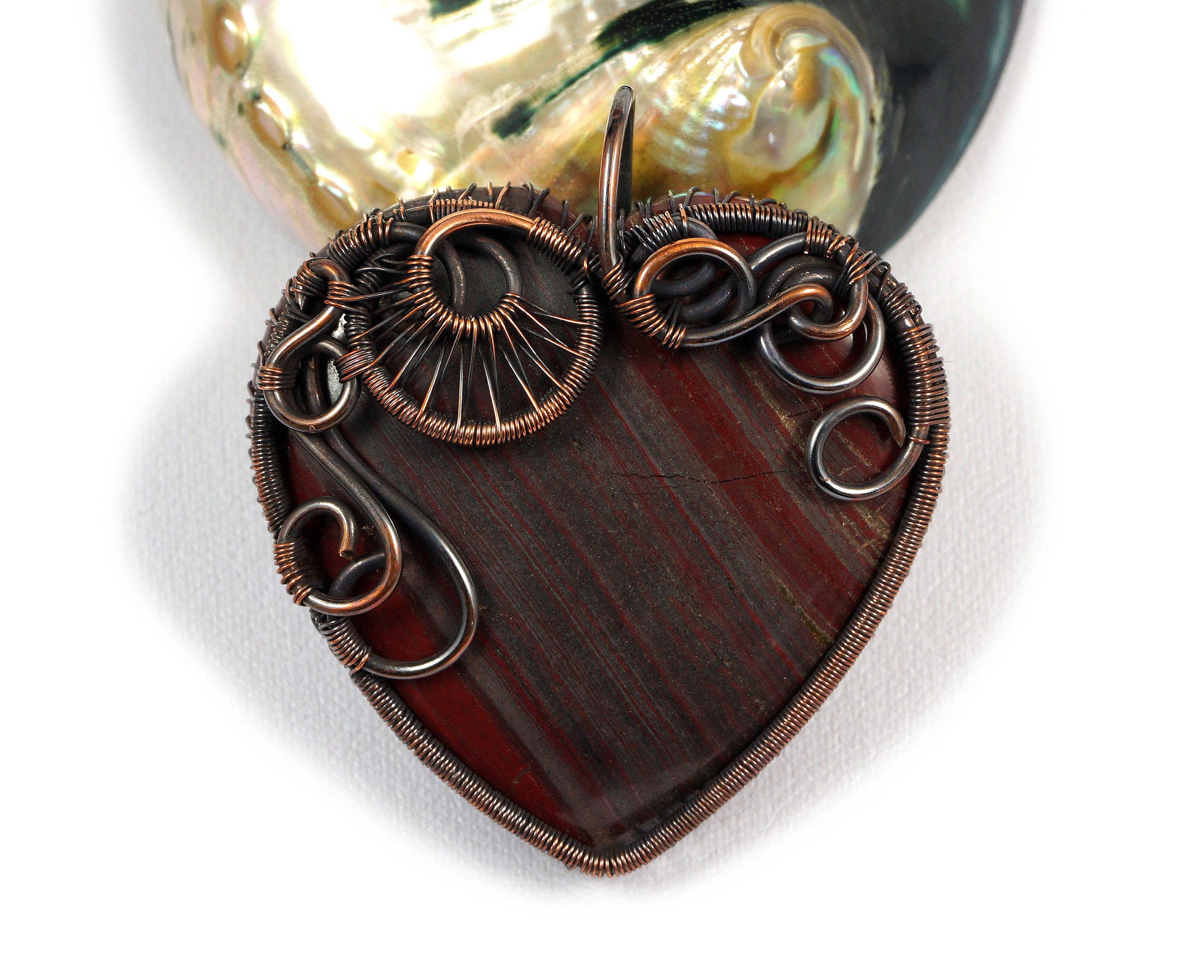 Wire Wrapped Heart Pendant: Patinated Copper, Iron Tiger's Eye