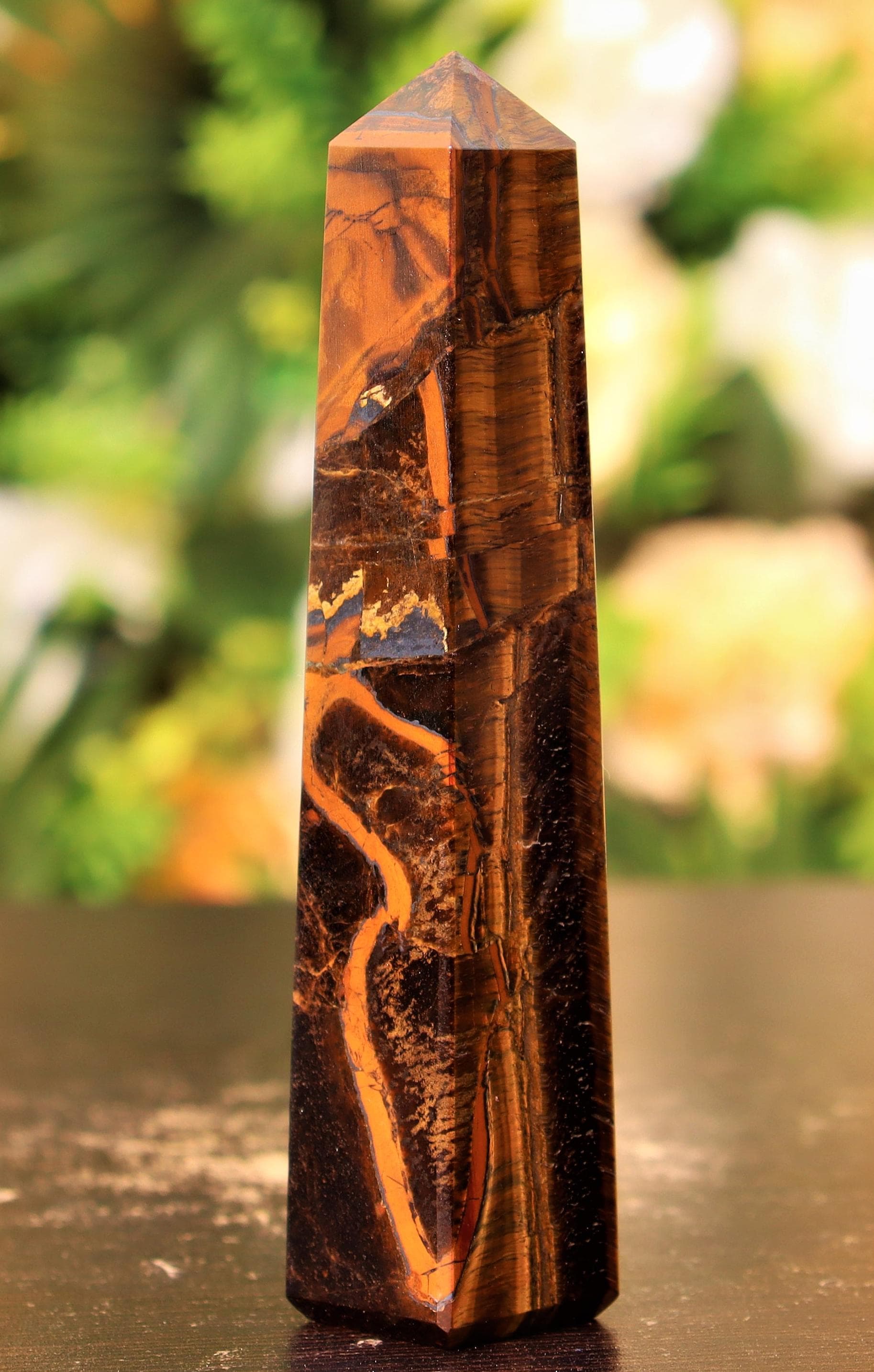 Tiger Eye Crystal Tower (130mm) - Falcon's Eye Obelisk, Gothic Home Decor