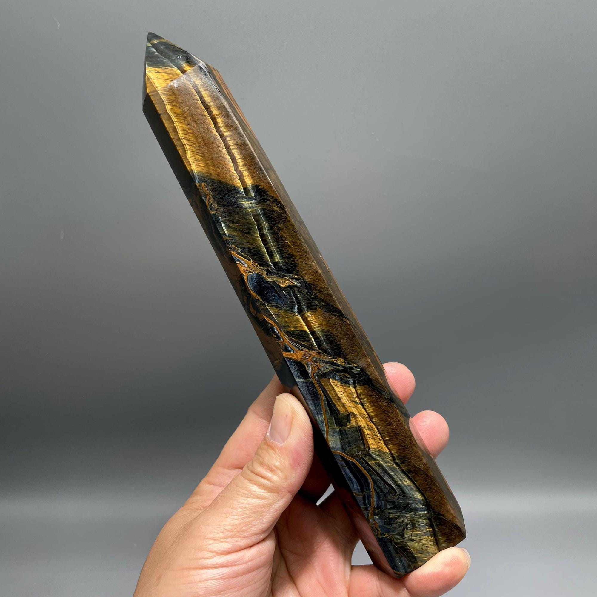 Tiger Eye Crystal Tower: Natural Yellow/blue Flashy Stone (8.66")
