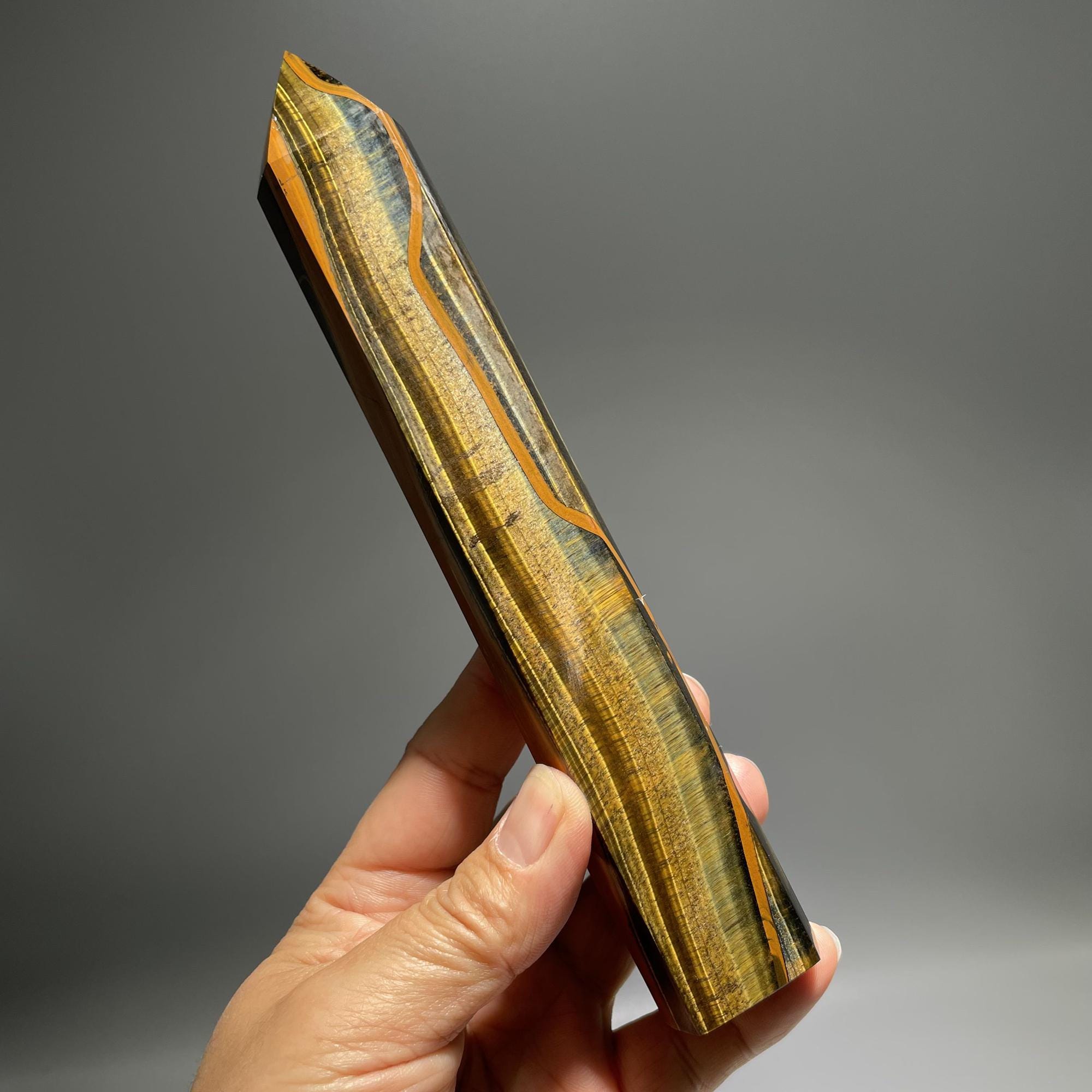Natural Tiger Eye Crystal Tower: Yellow & Blue Flashy Stone (8.07")