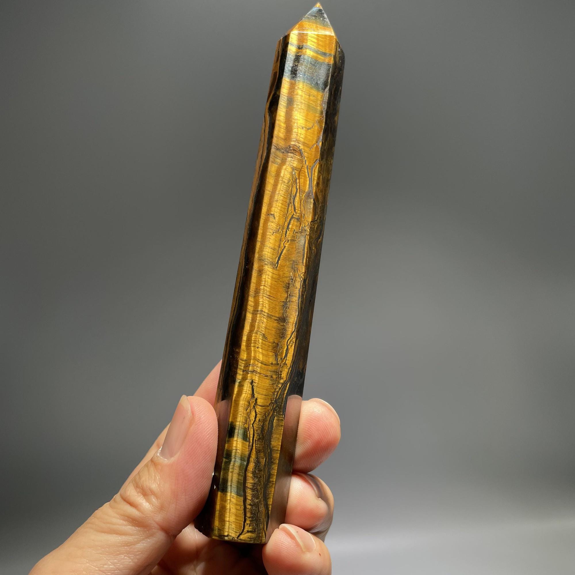 Natural Tiger Eye Crystal Tower: Flashy Stone Obelisk (7") Natural Tiger Eye Crystal Tower: Flashy Stone Obelisk (7")