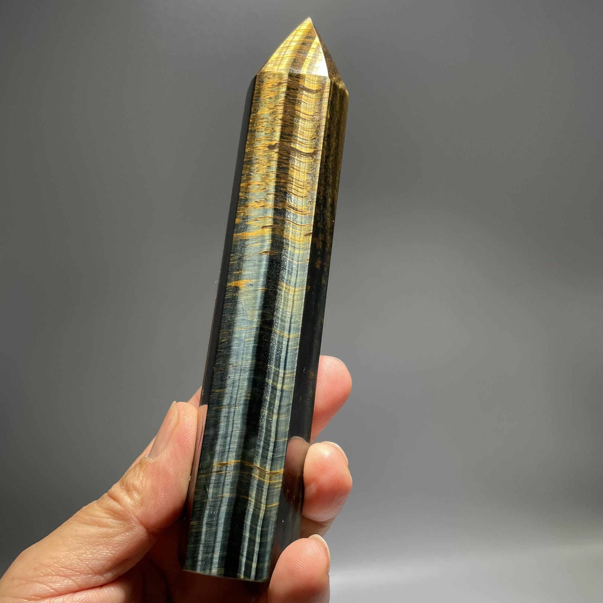 Natural Tiger Eye Crystal Tower: Yellow/blue Flashy Stone Obelisk (6.57")