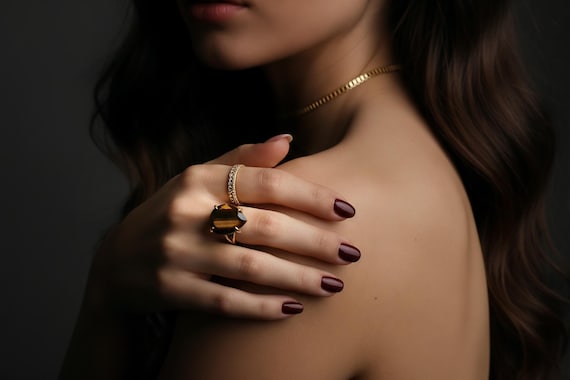 14k Gold Tiger Eye Gemstone Ring · Teardrop Pear Cut · Statement Jewelry For Women