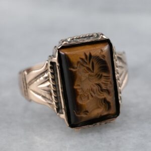 14K Rose Gold Victorian Tiger's Eye Intaglio Ring, Roman Soldier