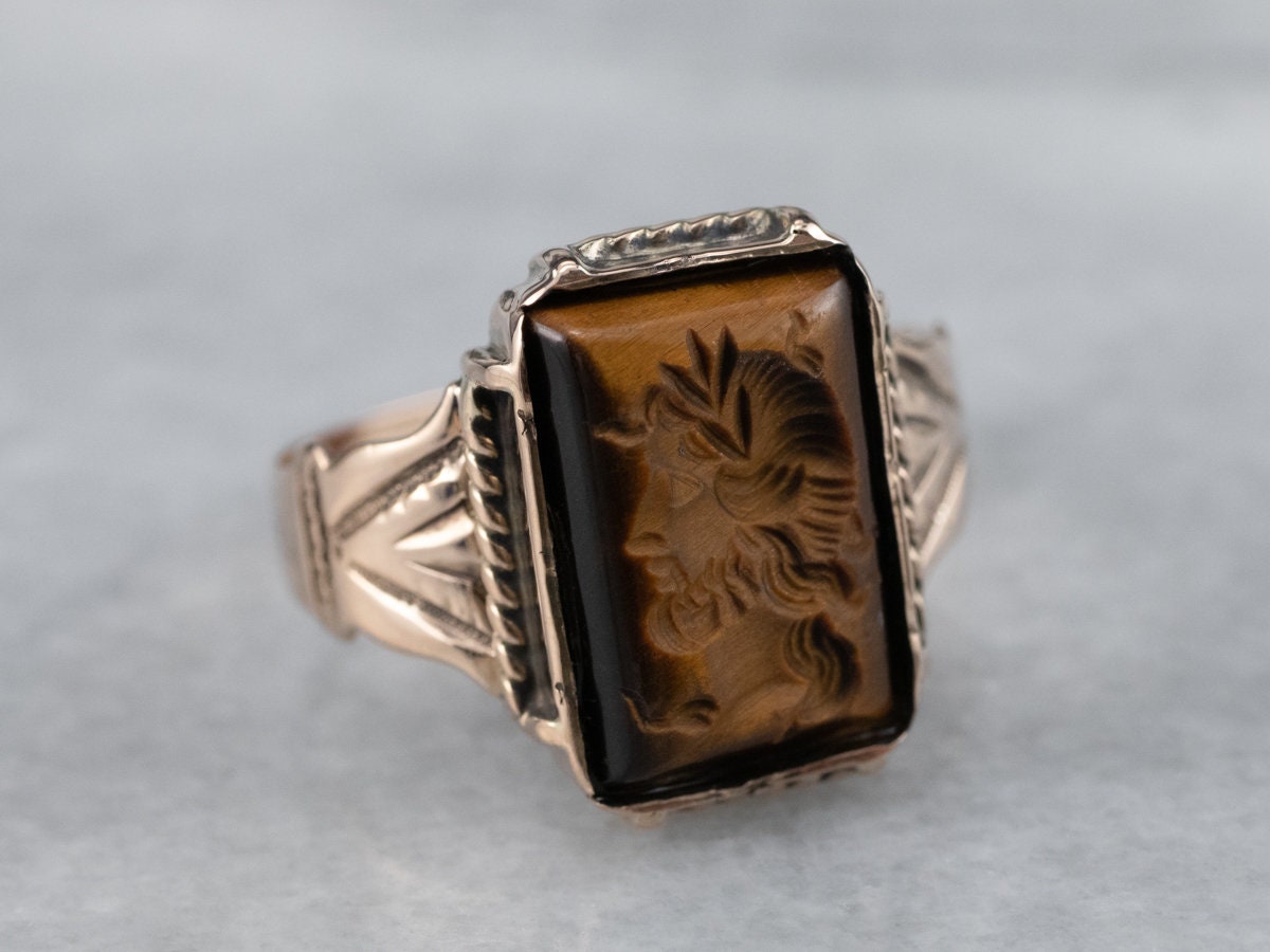 14k Rose Gold Victorian Tiger's Eye Intaglio Ring, Roman Soldier