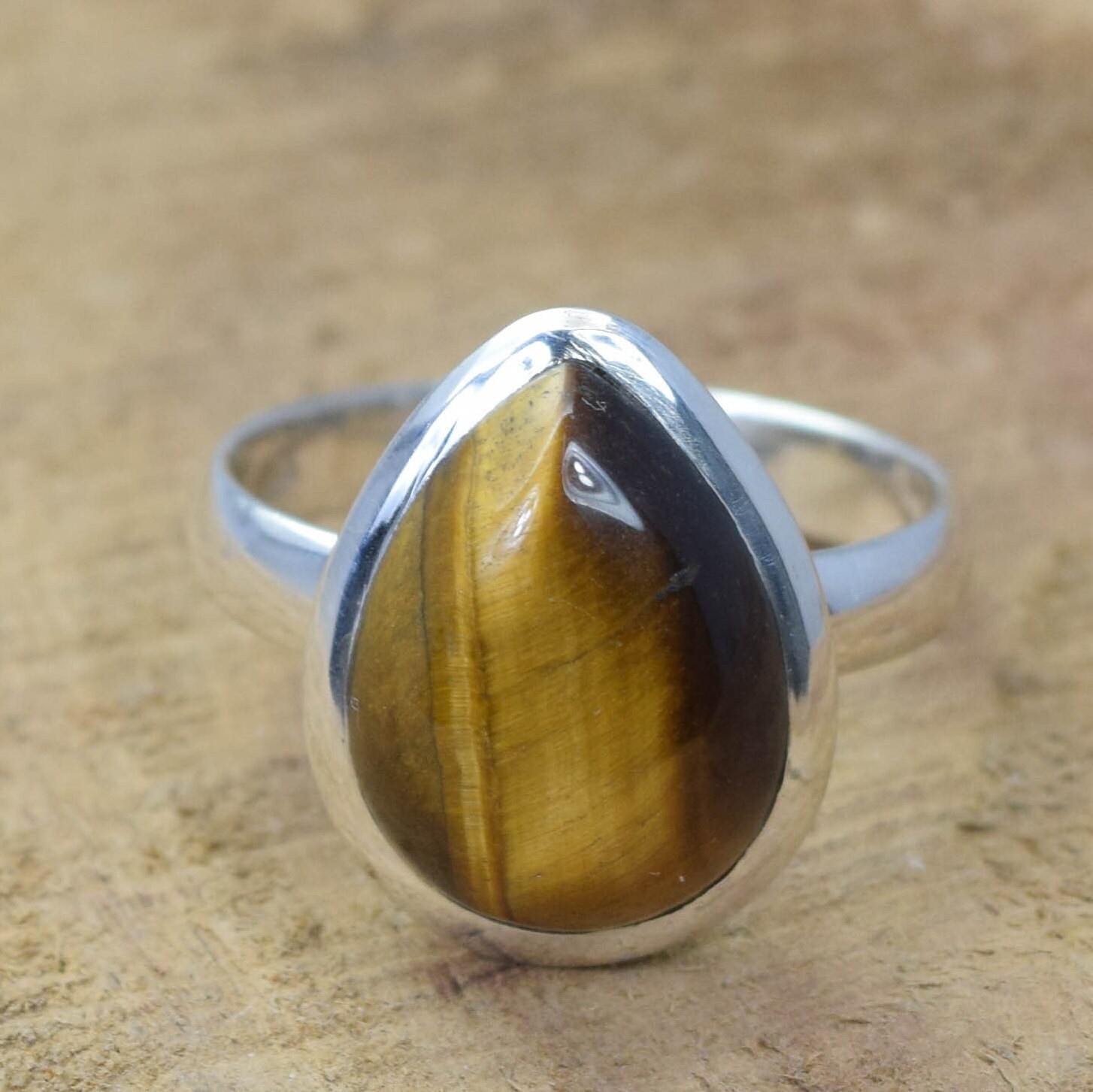 Tiger Eye 925 Sterling Silver Pear Ring - Handmade Size Us 8