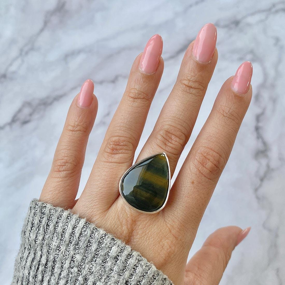 Blue Tiger Eye Adjustable Ring / 925 Sterling Silver / Healing Gemstone / Gift For Her / Pear Cab/ Blue Tiger Eye Statement Ring / Bte-r-20.