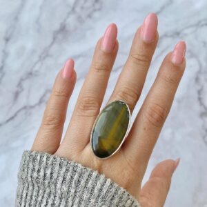 Blue Tiger Eye Adjustable Ring / 925 Sterling Silver / Healing Gemstone / Gift For Her / Oval Cab/ Blue Tiger Eye Statement Ring / Bte-r-24.