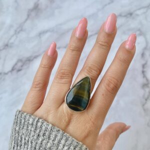 Blue Tiger Eye Adjustable Ring / 925 Sterling Silver / Healing Gemstone / Gift For Her / Pear Cab/ Blue Tiger Eye Statement Ring / Bte-r-19.