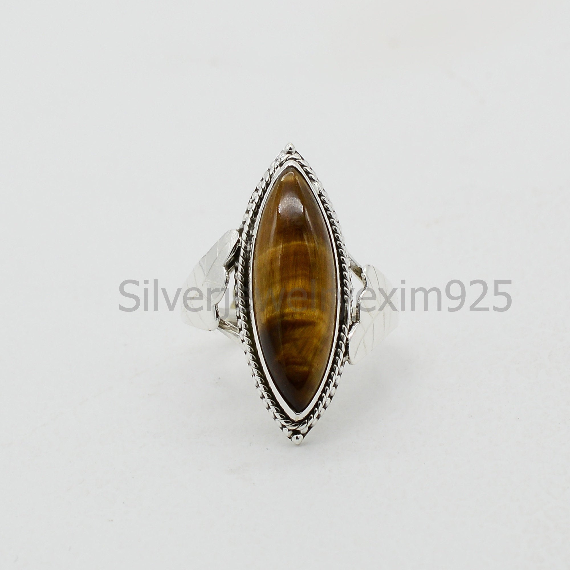 Handmade Marquise Tiger Eye Ring: 925 Sterling Silver Birthstone