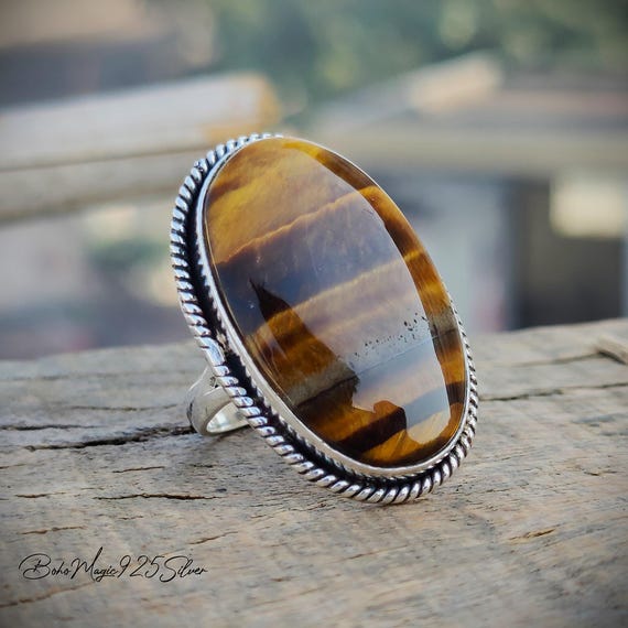 Handmade Oval Tiger's Eye Ring: 925 Sterling Silver Gemstone Band
