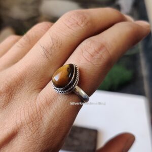 Handmade Pear Tiger Eye Ring: 925 Sterling Silver Birthstone Jewelry