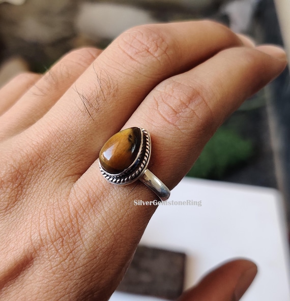 Handmade Pear Tiger Eye Ring: 925 Sterling Silver Birthstone Jewelry