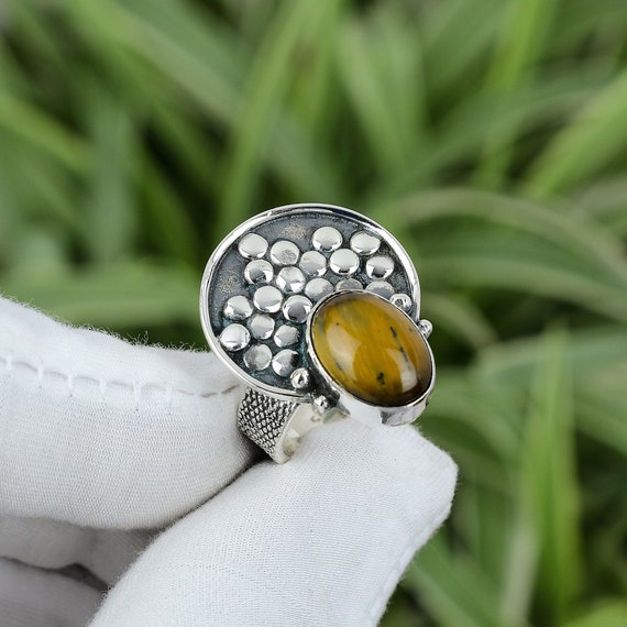 Handmade Tiger's Eye Ring: Oval Gemstone, 925 Sterling Silver, Size 7