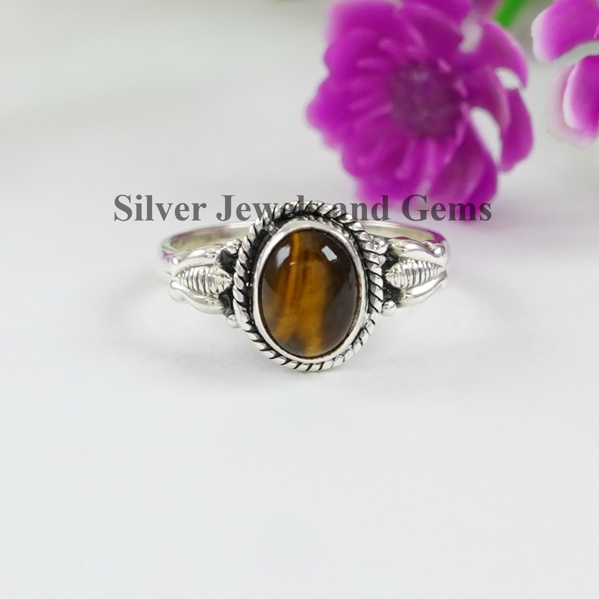 Oval Tiger Eye Ring, 925 Sterling Silver Anniversary Ring, Honey Bee Ring