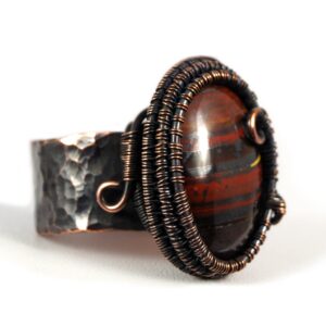 Patinated Copper Wire Wrapped Ring with Tiger Eye (8-10 US)