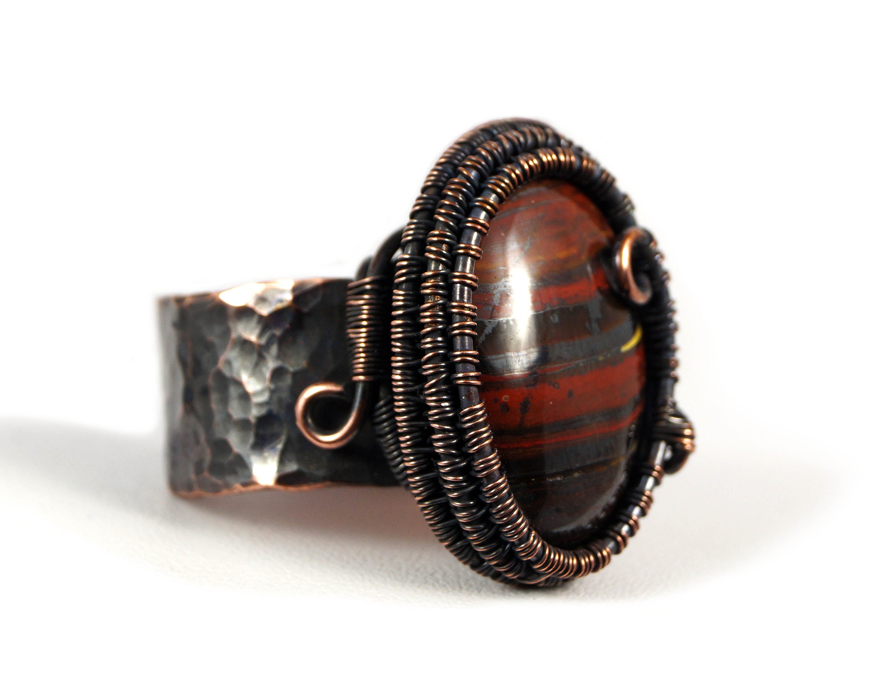 Patinated Copper Wire Wrapped Ring With Tiger Eye (8-10 Us)