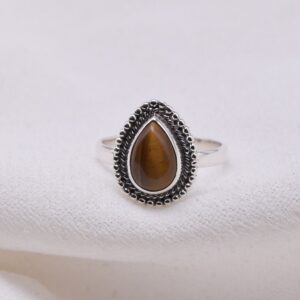 Tiger Eye Pear Ring: Elegant 925 Sterling Silver Gemstone
