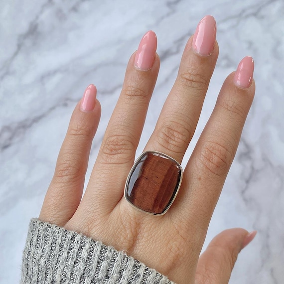 Red Tiger Eye Adjustable Ring / 925 Sterling Silver / Healing Gemstone / Gifts For Her / Octagon / Red Tiger Eye Statement Ring / Rte-r-28.