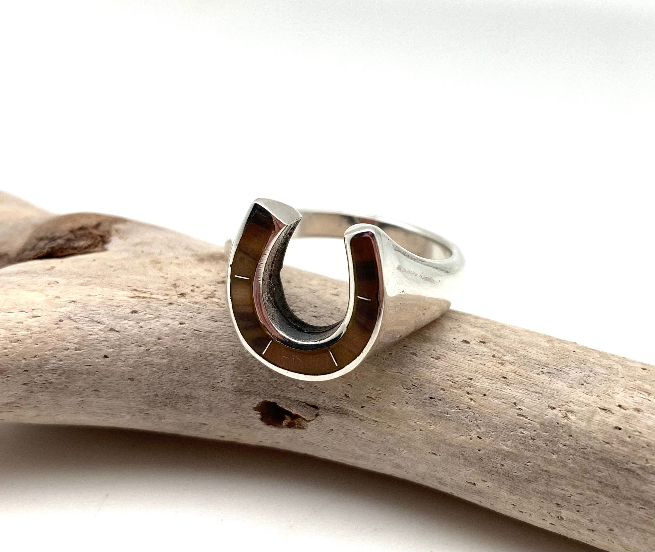 Sterling Silver Tiger's Eye Horseshoe Ring, Good Luck Amulet