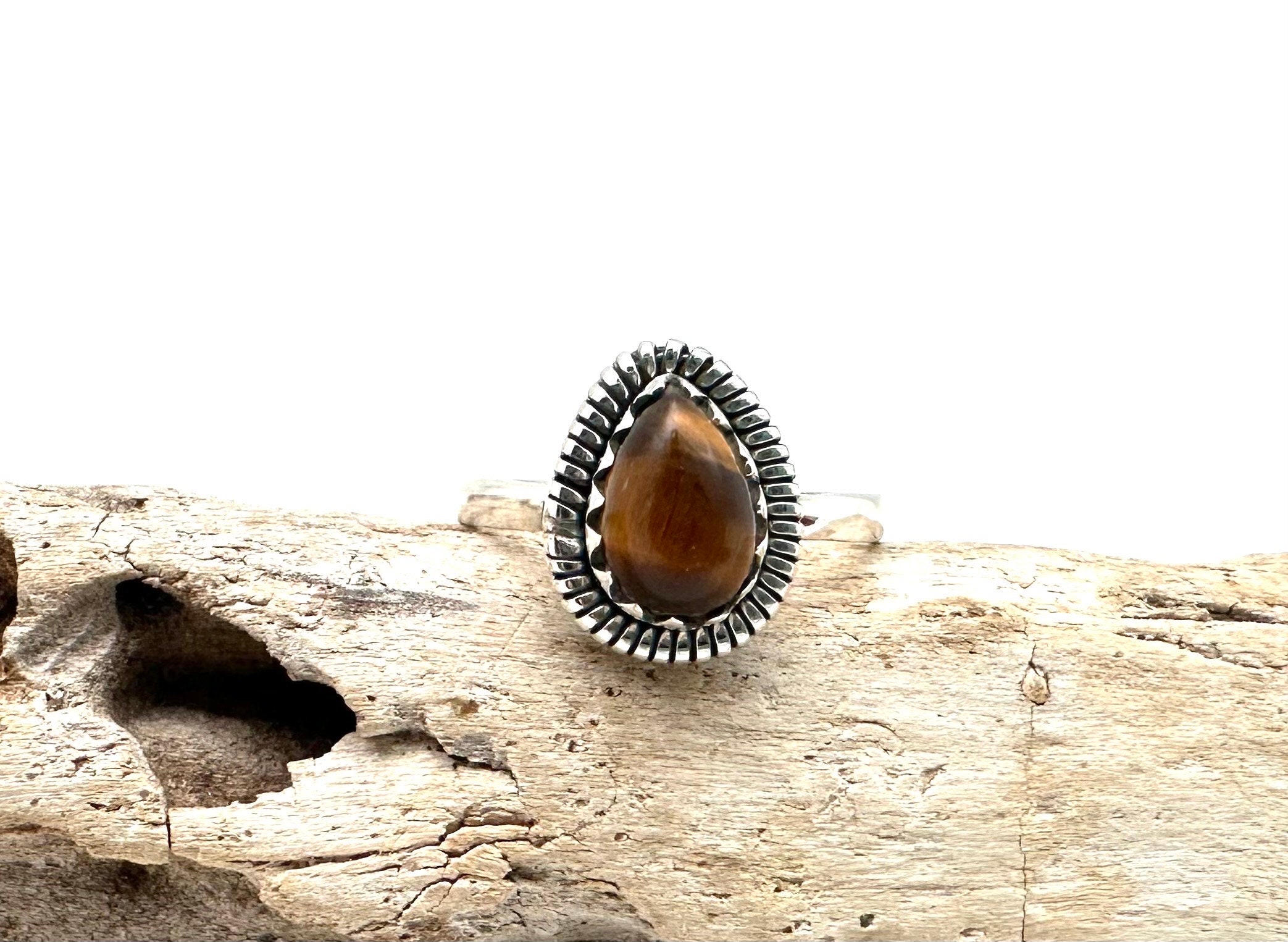 Teardrop Tiger's Eye Sterling Silver Ring, Size 6-8
