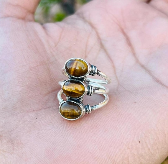 Three Tiger Eye Gemstone Ring, Solid 925 Sterling Silver, Designer Ring, Boho Jewelry
