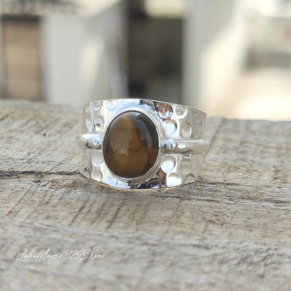 Tiger's Eye Gemstone Ring - Handcrafted Silver Jewelry - Hammered Wide Band Ring