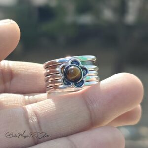 Tiger's Eye Gemstone Spinner Ring: 925 Sterling Silver Wide Band Boho Ring