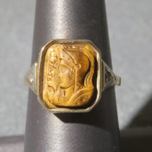 Vintage Tiger Eye Cameo Ring: 14k Gold Trojan Warriors, Size 7