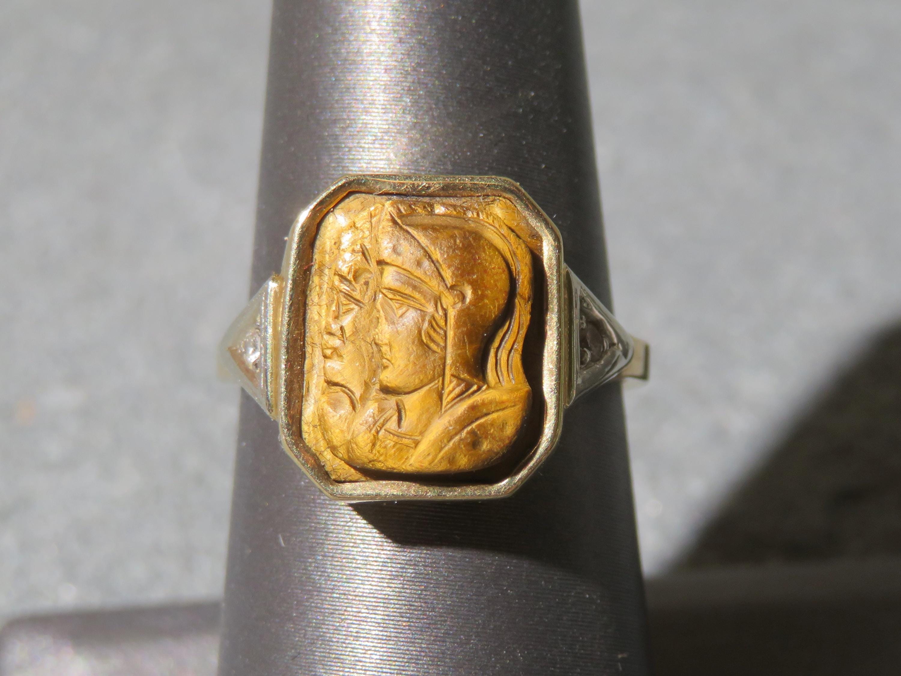 Vintage Tiger Eye Cameo Ring: 14k Gold Trojan Warriors, Size 7