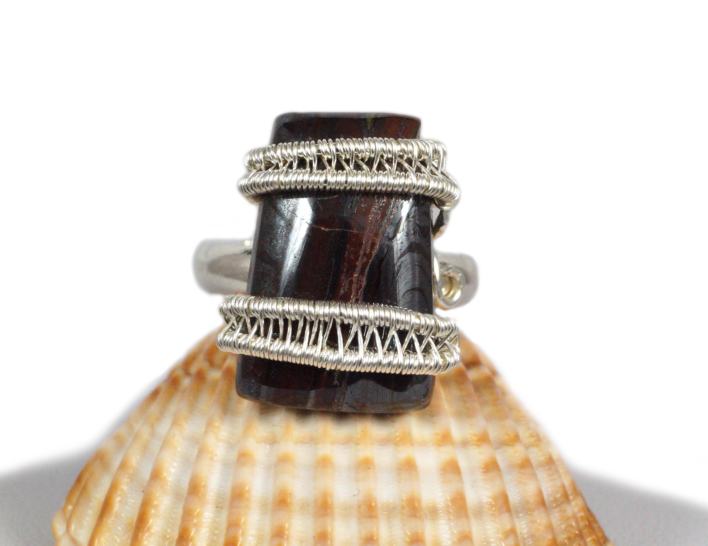 Wire Wrapped Sterling Silver Tiger's Eye Ring: Artisan Jewelry, Size 6-7