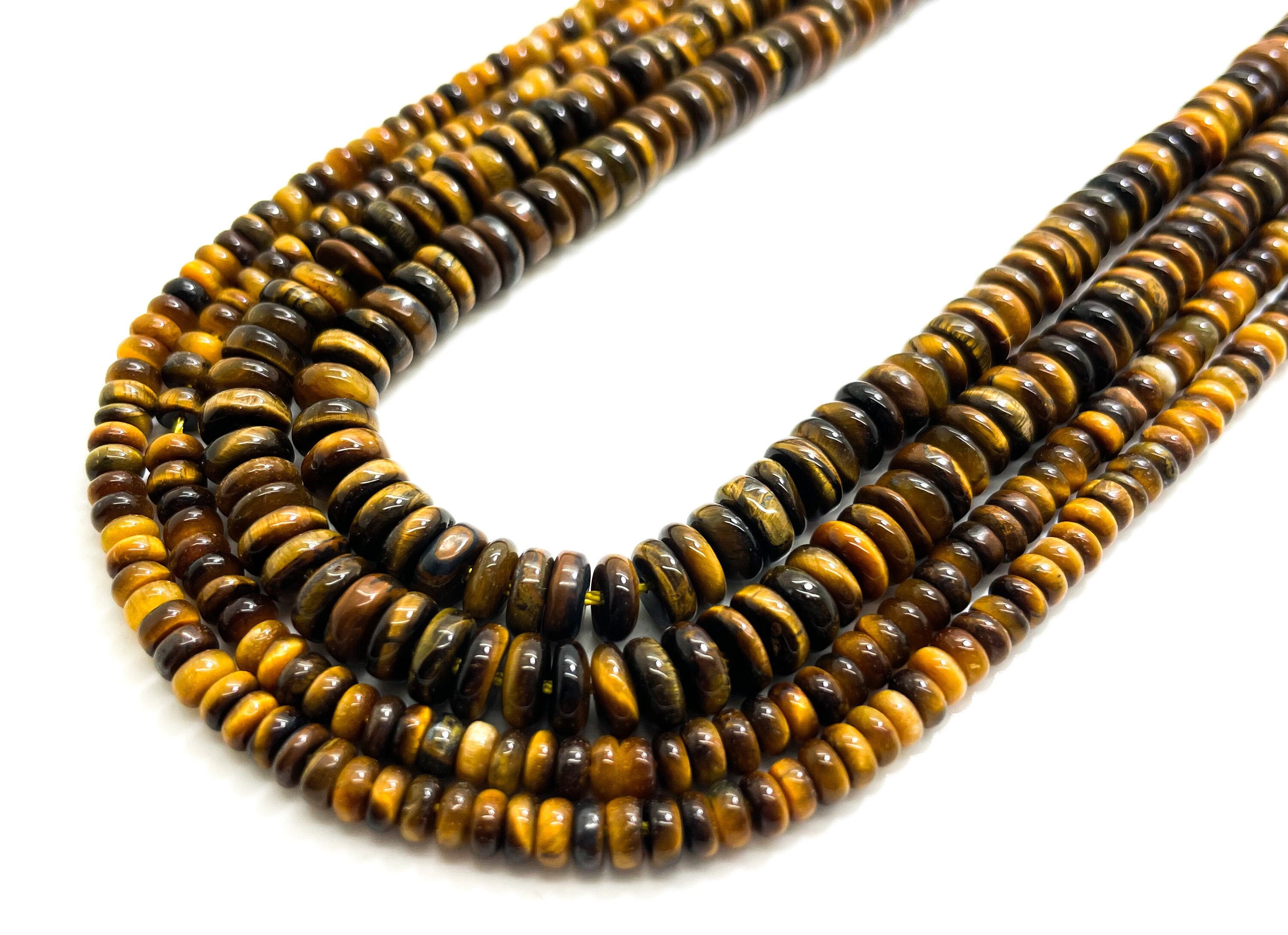 Natural Yellow Tiger's Eye Smooth Polished Rondelle Round Flat Gemstone Beads - Rd34