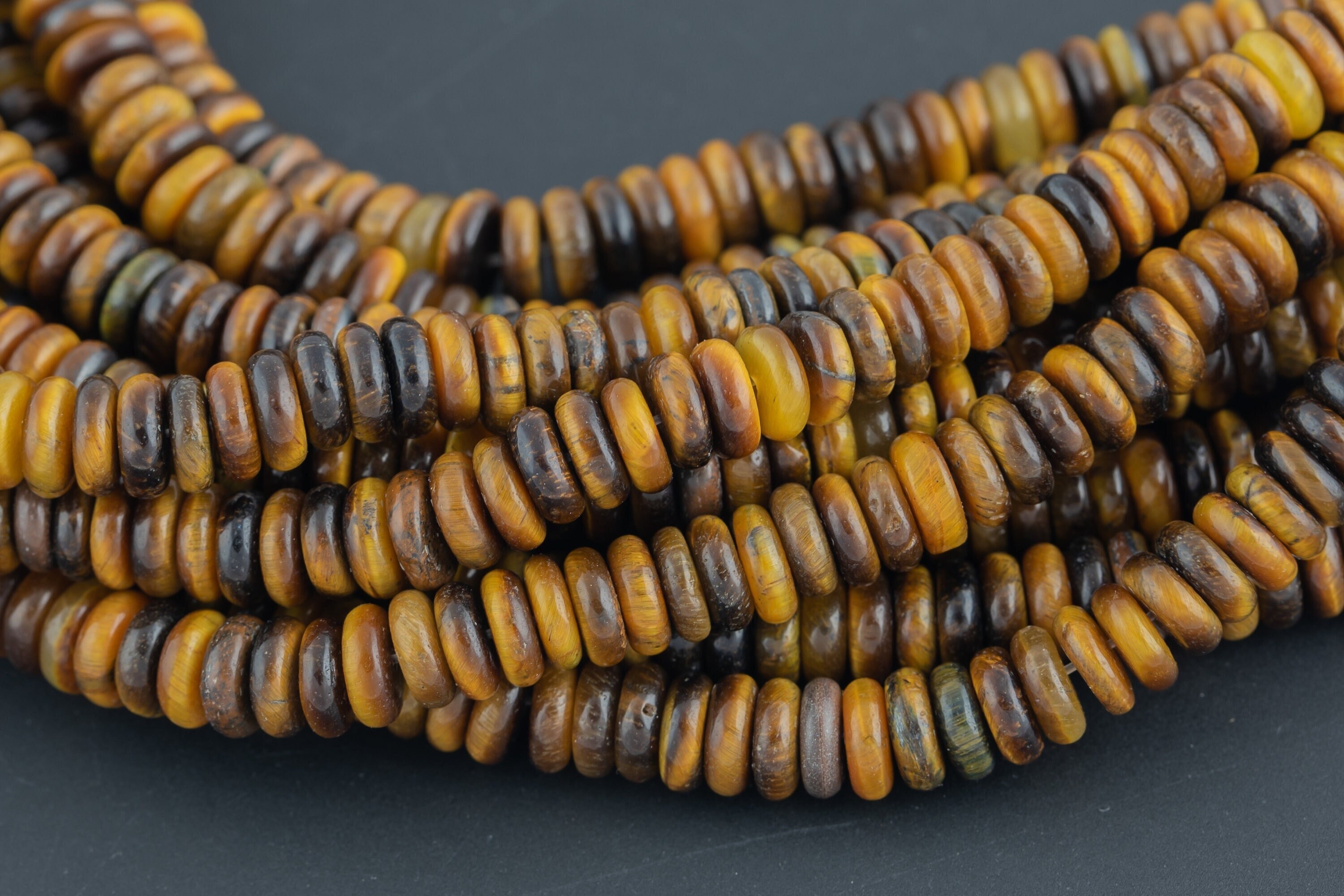 Natural Tiger Eye-  High Quality In Smooth Saucer Roundel, 2x6mm Flat Rondel 7.5 Inches Thin Roundel