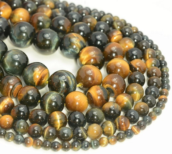 Genuine Yellow Blue Tiger Eye Gemstone 4mm 6mm 8mm 10mm 12mm Round Loose Beads 15.5 Inch Full Strand Lot 1,2,6,12 And 50
