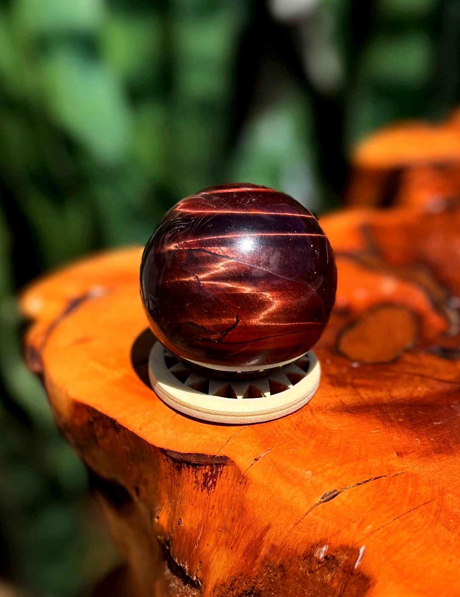 Red Tiger's Eye Sphere With Wooden Stand - For Confidence & Courage