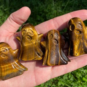 Tigers Eye Ghost Crystal Carving, Cute Spooky Figurine, Witchy, Halloween Decor, Gold Statue