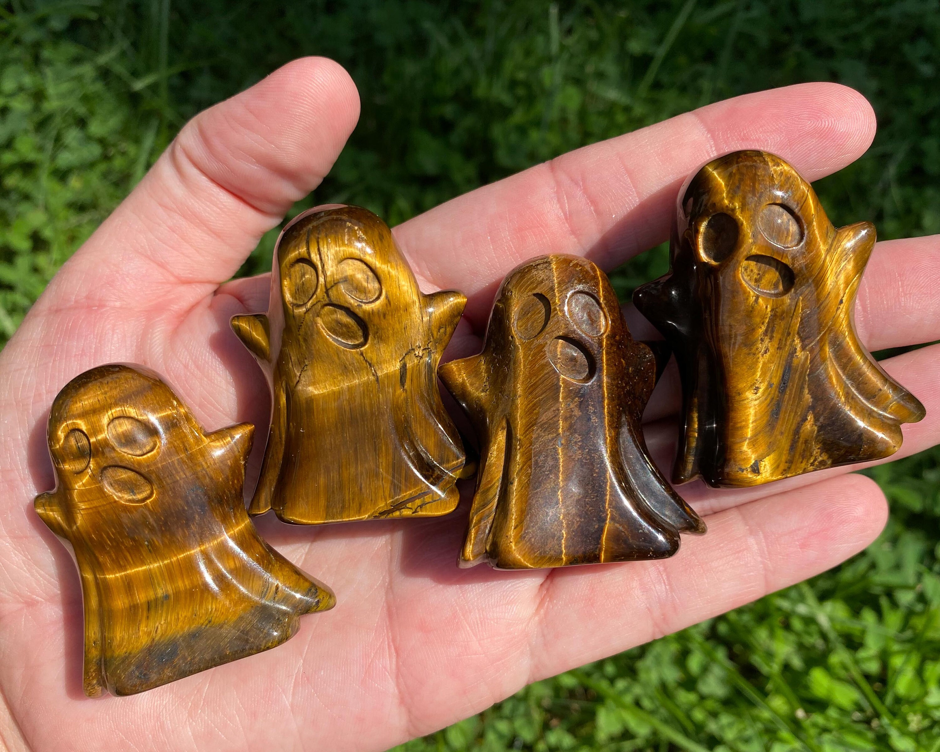 Tigers Eye Ghost Crystal Carving, Cute Spooky Figurine, Witchy, Halloween Decor, Gold Statue