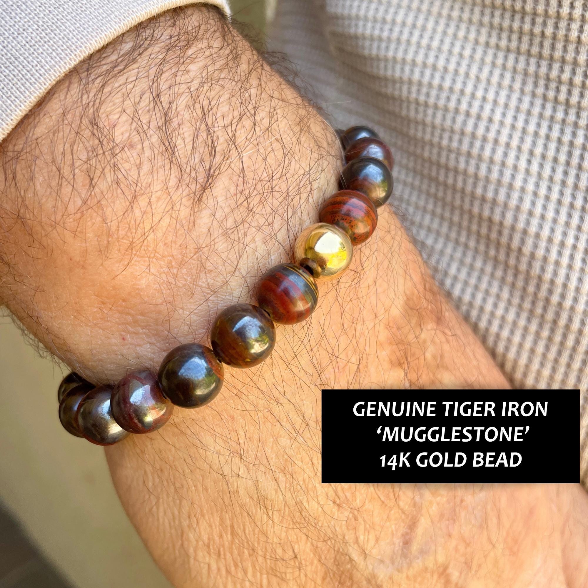Tiger Iron Bracelet With 14k Gold Bead: Beaded Stretch Bracelet For Grounding & Strength