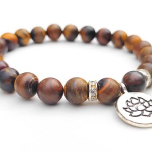 Tiger Iron Beaded Bracelet: Silver Lotus Charm, Healing Crystals