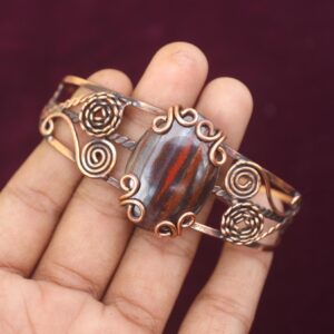 Dainty Copper Wire Bangle: Iron Tiger Eye, Adjustable Cuff
