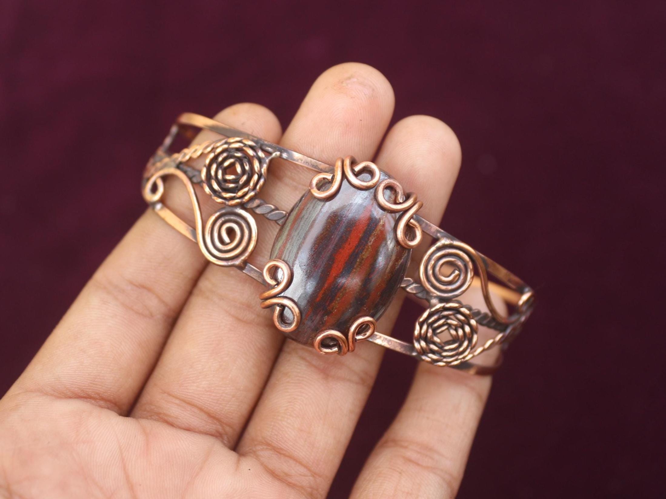 Dainty Copper Wire Bangle: Iron Tiger Eye, Adjustable Cuff