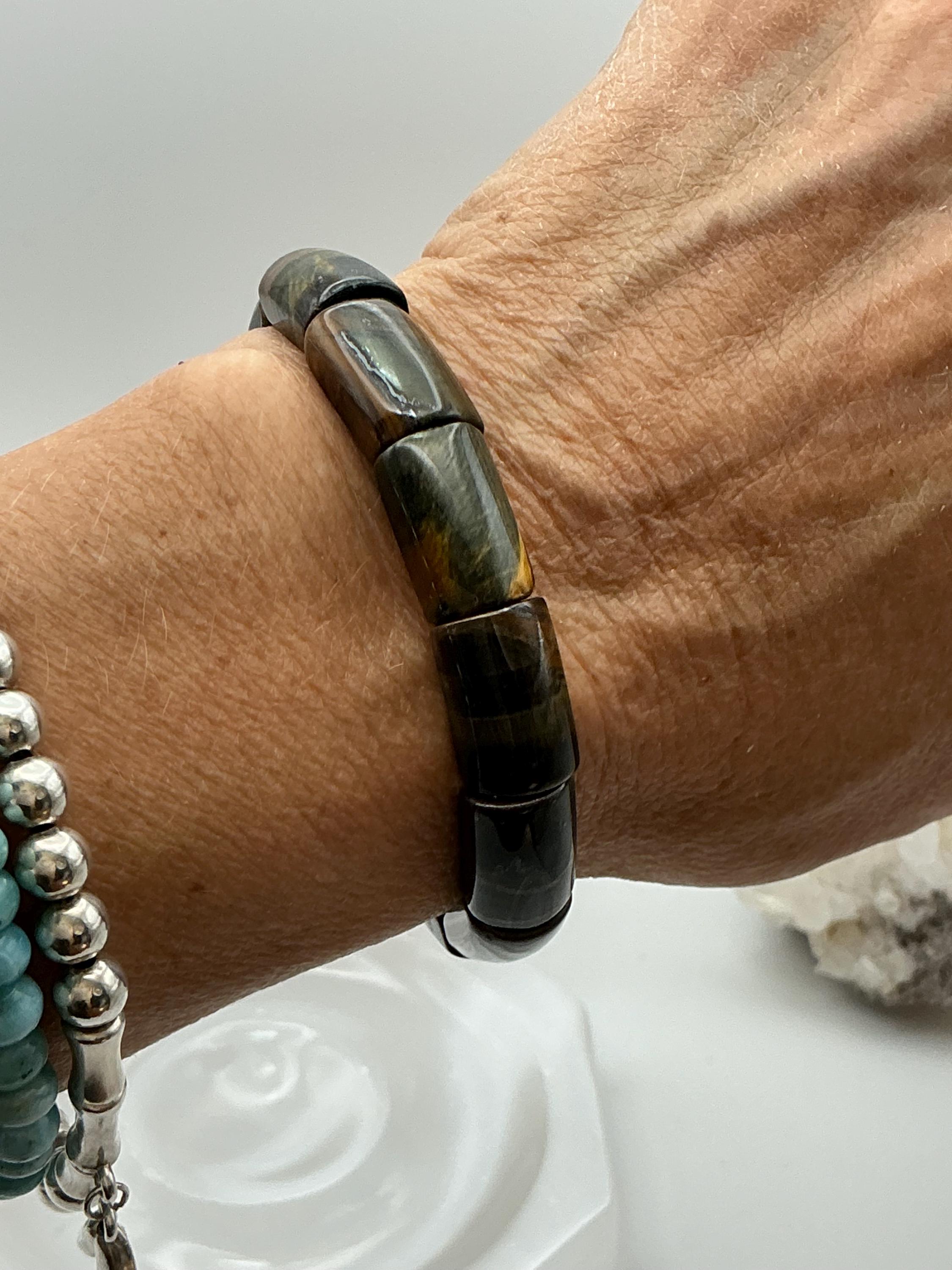 Iron Tiger Eye Bangle Bracelet 7” | Soft Bangle Style | Natural Stone Stretch Bracelet | Unisex