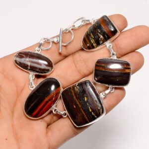 Iron Tiger Eye Bracelet for Women, Mixed-Shape Multicolor Gemstone Jewelry, Silver-Plated Chunky Statement Bracelet