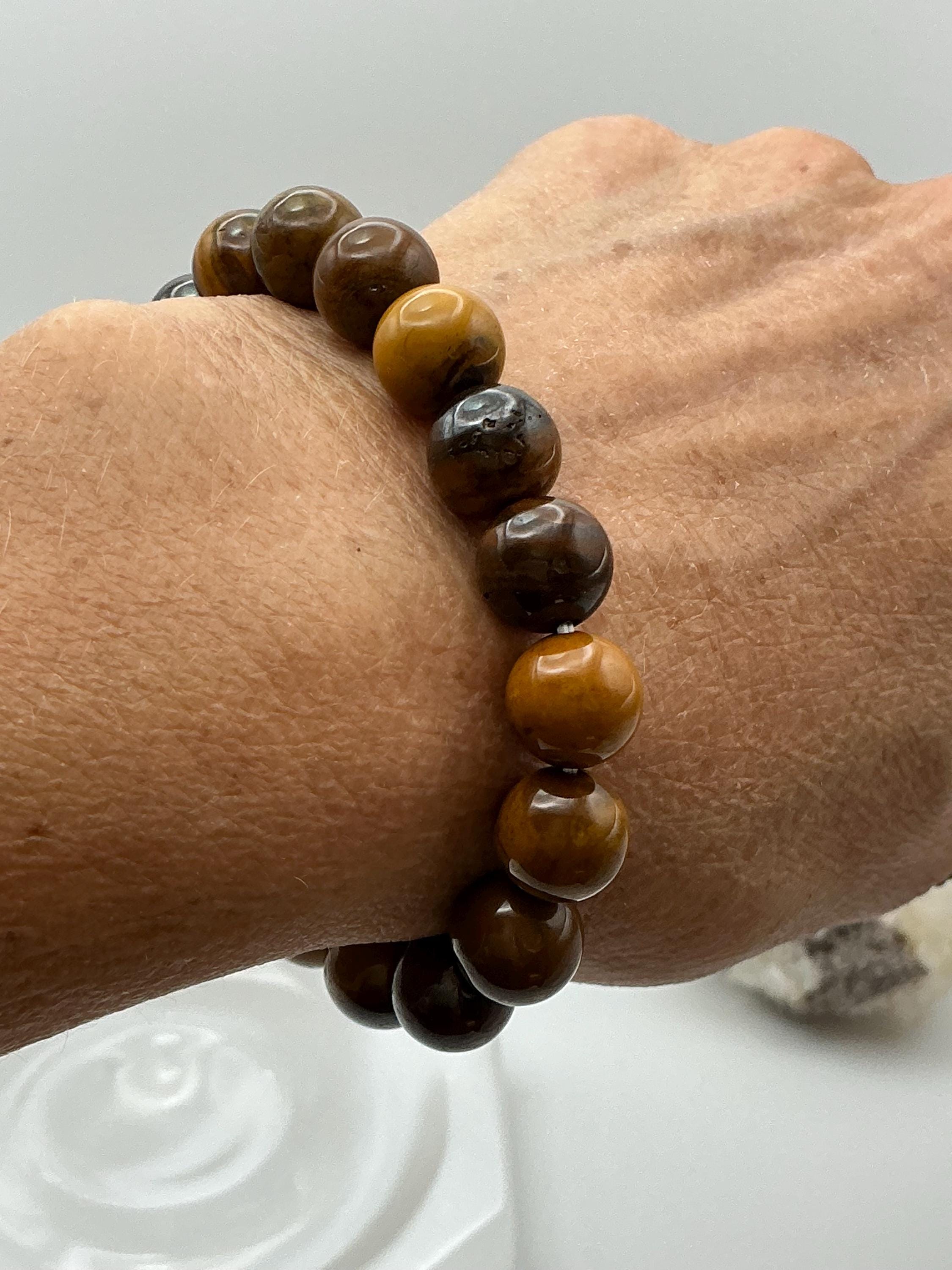 Iron Tiger Eye Round Bead Bracelet 7” | 10.5mm Beads | Natural Stone Stretch Bracelet | Unisex | Natural Chatoyant Gemstone Jewelry