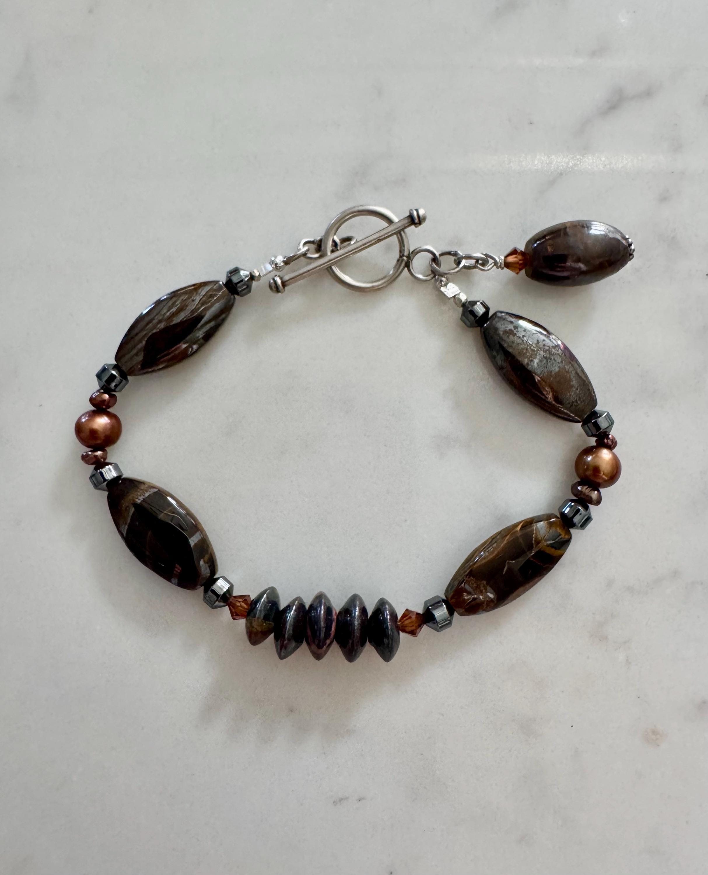 Tiger Iron, Freshwater Pearl, And Hematite Sterling Silver Bracelet.