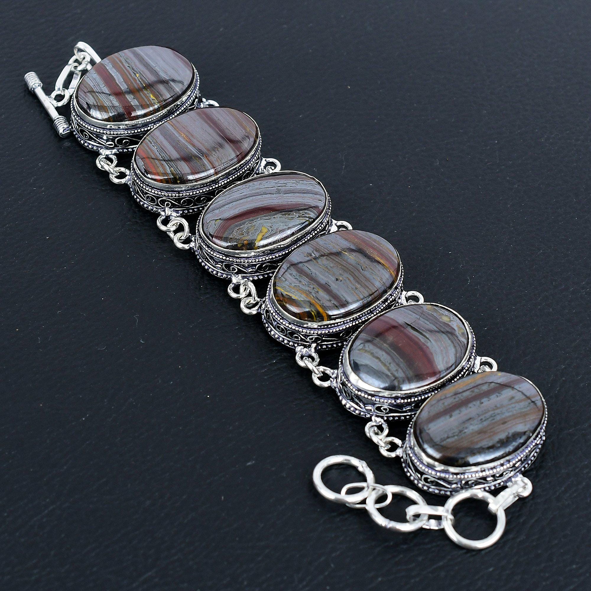 Handmade Iron Tiger's Eye Bracelet: Adjustable Sterling Silver Gemstone Handmade Iron Tiger's Eye Bracelet: Adjustable Sterling Silver Gemstone